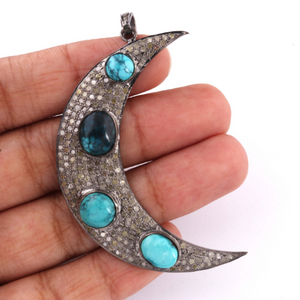 1 Pc Antique Finish Pave Diamond With Mohave Turquoise Crescent Moon Pendant - 925 Sterling Silver - Necklace Pendant 59mmx15mm PD612
