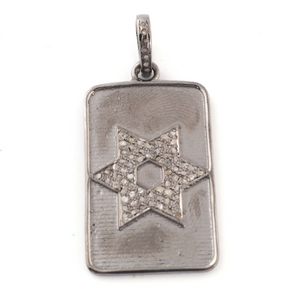 1 Pc Antique Finish Pave Diamond Designer Rectangle Center In Star Pendant - 925 Sterling Silver- Necklace Pendant 38mmx22mm PD1560
