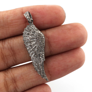 1 Pc Pave Diamond Feather Pendant -925 Sterling Silver - Wing Pendant 36mmx12mm PD1152