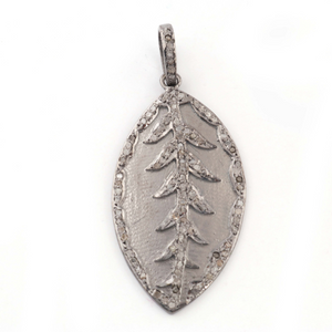 1 Pc Antique Finish Pave Diamond Designer Leaf Pendant - 925 Sterling Silver- Necklace Pendant 43mmx22mm PD1507