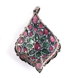 14g 1 Pc Pave Diamond Genuine Ruby & Emerald Pendant - 925 Sterling Silver - Gemstone Necklace Pendant 57mmx39mm PD1277