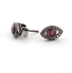 1 Pair Pave Diamond With Ruby Evil Eye Stud Earrings With Back Stopper - 925 Sterling Silver 10mmx06mm ED057