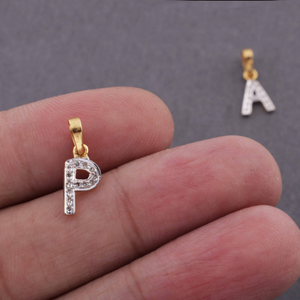 14K Solid Yellow Gold and White Diamond Initial Charm Pendant - Letter A, P Pendant - 11mm PD180