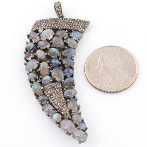 1 PC Pave Diamond Genuine Blue Sapphire , Ruby,Labradorite & Black Onyx Horn Pendant -925 Sterling Silver -Necklace Pendant PD511