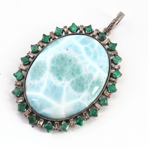 1 Pc Antique Finish Baguette Diamond With Emerald Larimar Oval Pendant - 925 Sterling Silver - Necklace Pendant 48mmx37mm PD1588