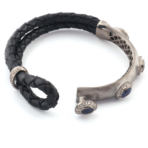 1 PC Pave Diamond Kyanite Bracelet -925 Sterling Silver- Handmade Black Leather Bracelet Size : 2+ BD254
