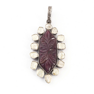 1 Pc Rose Cut Diamond With Carved Ruby Pendant Over 925 Sterling Silver - Polki Pendant 42mmx22mm PD1587