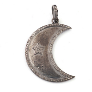 1 Pc Pave Diamond Designer Crescent Moon With Star Pendant -925 Sterling Silver -Necklace Pendant 39mmx15mm PD1483