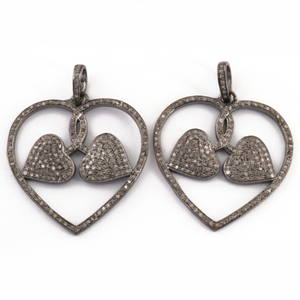 1 Pc Antique Finish Pave Diamond Designer Heart Pendant - 925 Sterling Silver- Love Necklace Pendant 39mmx37mm PD1339
