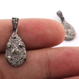 1 Pc Antique Finish Pave Diamond Drop Shape With Double Cut Diamond Pendant - 925 Sterling Silver - Necklace Pendant -Jewelry Making 19mmx10mm PD096