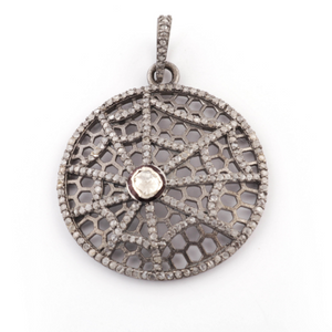 1 Pc Pave Diamond Spider Web Center In Rosecut Pendant -925 Sterling Silver-Vermeil - Round Pendant 36mmx32mm PD944