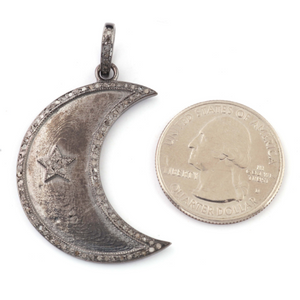 1 Pc Pave Diamond Designer Crescent Moon With Star Pendant -925 Sterling Silver -Necklace Pendant 39mmx15mm PD1483