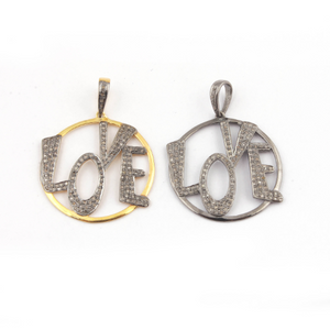 1 Pc Pave Diamond "Love"  Pendant - 925 Sterling Silver/ Vermeil  - Round Pendant 53mmx49mm PD270