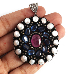 23gm 1 Pc Pave Diamond Genuine Pearl & Kyanite Center In Ruby Pendant -925 Sterling Silver -Gemstone Necklace Pendant 48mmx43mm PD1302