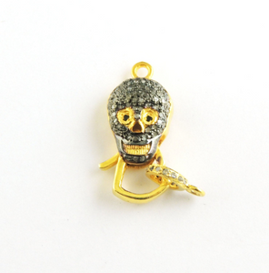 1 Pc Pave Diamond One Side Skull Lobster Clasp Antique Finish Over 925 Sterling Vermeil - 28mmx13mm LB137
