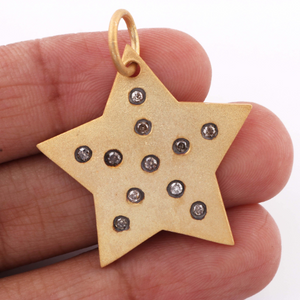 1 Pc Pave Double Cut Diamond Star Pendant - 925 Sterling Silver/ Yellow Gold Vermeil - Star Pendant 29mmx28mm PD1458