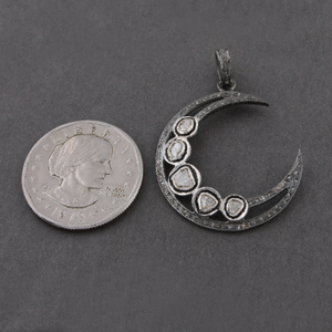 1 Pc Pave Diamond With Rosecut Diamond Crescent Moon Pendant -925 Sterling Silver -Polki Pendant 37mmX9mm PD160