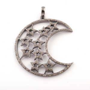 1 Pc Antique Finish Pave Diamond Crescent Moon With Star Pendant - 925 Sterling Silver - Necklace Pendant 50mmx24mm PD108