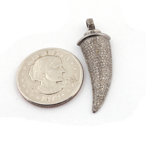 1 Pc Pave Diamond Horn 925 Sterling Silver Pendant - Diamond Pendant 41mmx14mm PD392