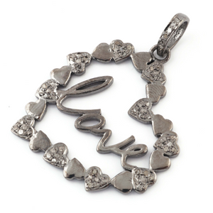 1 Pc Antique Finish Pave Diamond Heart Pendant - 925 Sterling Silver- Love Necklace Pendant 37mmx35mm PD1490