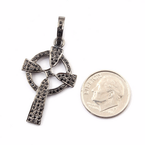 1 Pc Roman Cross With Round Disc 925 sterling Silver Pendant - Black spinel Cross Round Pendant 34mmx20mm pt092