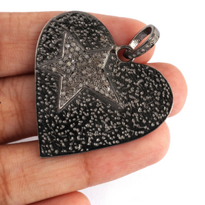 1 Pc Antique Finish Pave Diamond Designer Heart With Star Pendant - 925 Sterling Silver- Love Necklace Pendant 35mmx38mm PD1341