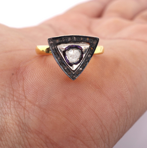 1 PC Beautiful Pave Diamond With Rose Cut Diamond Ring - 925 Sterling Vermeil- Trillion Polki Ring Rd405