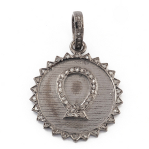 1 Pc Antique Finish Pave Diamond Designer Round Pendant -925 Sterling Silver -Necklace Pendant PD1562