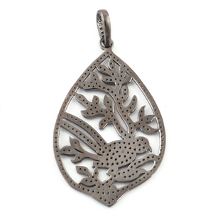 1 Pc Antique Finish Pave Diamond Designer Sparrow On Twig Pendant - 925 Sterling Silver- Necklace Pendant 49mmx30mm PD1496