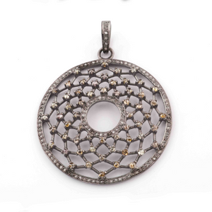 1 Pc Antique Finish Pave Diamond With Double Cut Diamond Round Pendant - 925 Sterling Silver - Necklace Pendant 44mmx40mm PD057