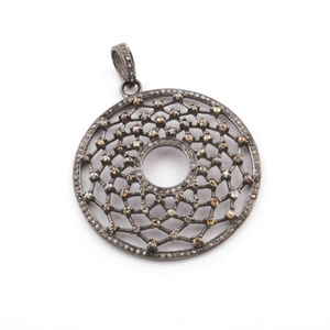 1 Pc Antique Finish Pave Diamond With Double Cut Diamond Round Pendant - 925 Sterling Silver - Necklace Pendant 44mmx40mm PD057