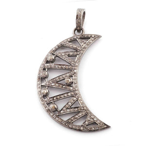 1 Pc Antique Finish Pave Diamond Crescent Moon With Double Cut Diamond Pendant - 925 Sterling Silver - Necklace Pendant 46mmx17mm PD068