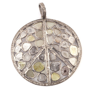 1 Pc Pave Diamond With Rose Cut Round Peace Pendant - 925 Sterling Silver - Necklace Polki Pendant 47mmx45mm PD1418